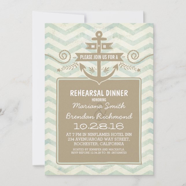 Invitation Dîner de répétition d'ancre nautique Chevron invit (Devant)