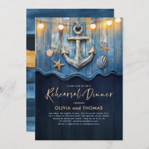 Invitation Dîner de répétition d'Ancres bleu et or de la mari