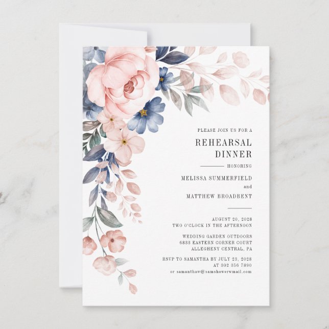 Invitation Dîner de répétition d'aquarelle bleu rose pâle (Devant)