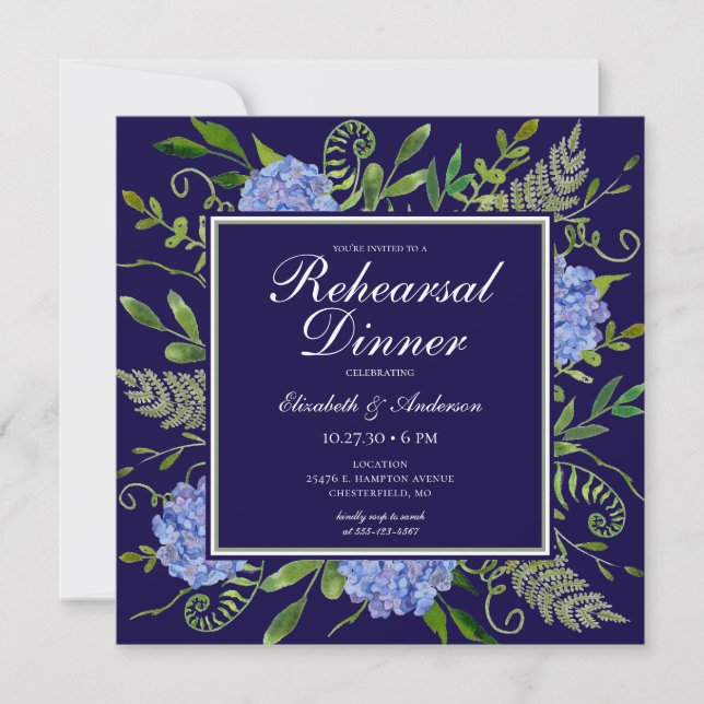 Invitation Dîner de répétition d'aquarelle florale Blue Hydra (Devant)