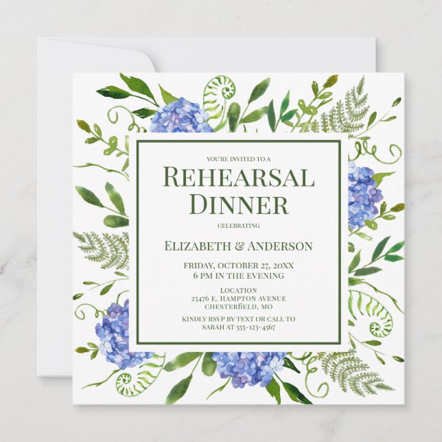 Invitation Dîner de répétition d'aquarelle florale Blue Hydra (Devant)