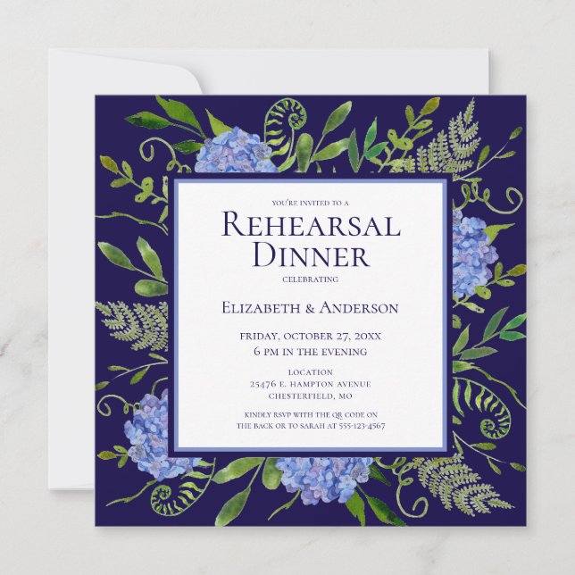 Invitation Dîner de répétition d'aquarelle florale Blue Hydra (Devant)