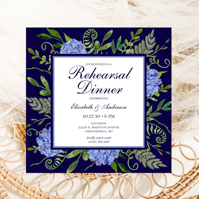 Invitation Dîner de répétition d'aquarelle florale Blue Hydra (Créateur téléchargé)