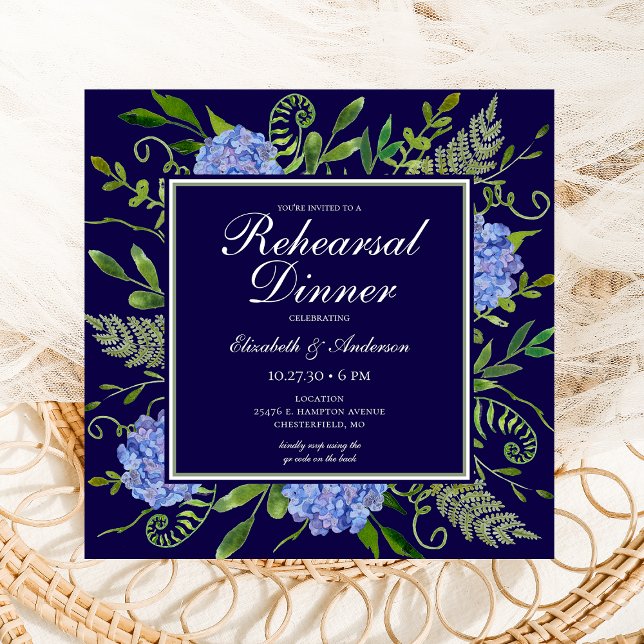 Invitation Dîner de répétition d'aquarelle florale Blue Hydra (Créateur téléchargé)
