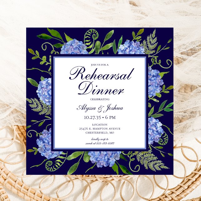 Invitation Dîner de répétition d'aquarelle florale Blue Hydra (Créateur téléchargé)