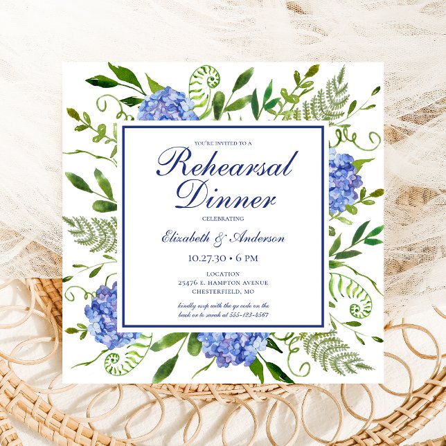 Invitation Dîner de répétition d'aquarelle florale Blue Hydra (Créateur téléchargé)