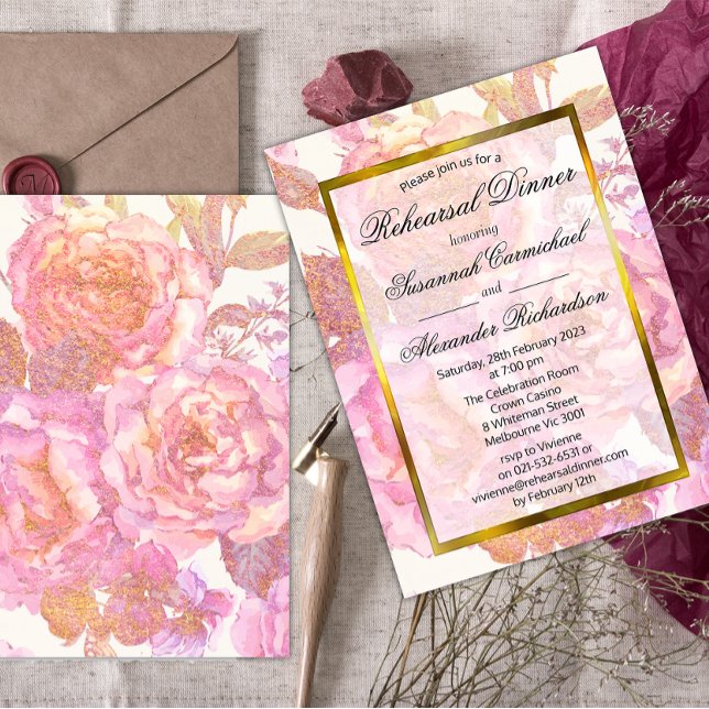 Invitation Dîner de répétition d'aquarelle rose élégant (Créateur téléchargé)