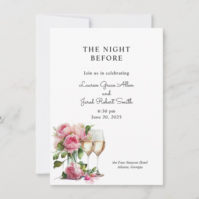 Invitation Dîner de répétition d'aquarelle rose Peony (Devant)