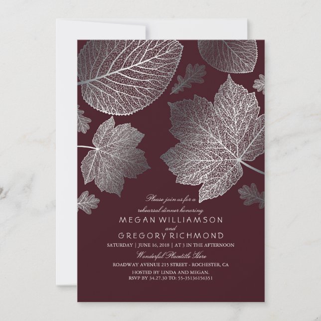 Invitation Dîner de répétition d'automne Feuille d'argent et  (Devant)