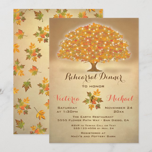 Invitation Dîner de répétition d'automne rustique avec lumièr (Devant / Derrière)