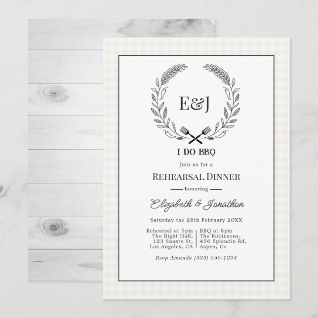Invitation Dîner de répétition de BBQ Rustique Monogramme I D (Devant / Derrière)