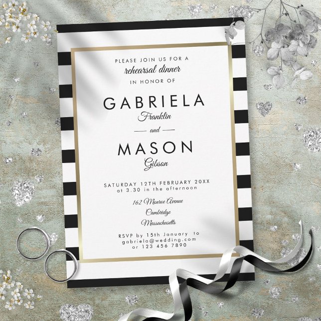 Invitation Dîner de répétition de bordure dorée classique mod (Modern Classic Stripe Gold Border Rehearsal Dinner Invitation)
