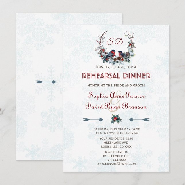 Invitation Dîner de répétition de Bullfinch de Wreath d'hiver (Devant / Derrière)