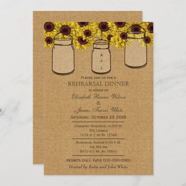 Invitation Dîner de répétition de Burlap Mason Jars (Devant / Derrière)