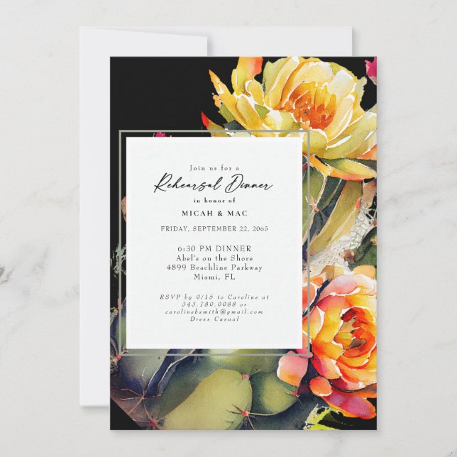 Invitation Dîner de répétition de cactus tropical floral noir (Devant)