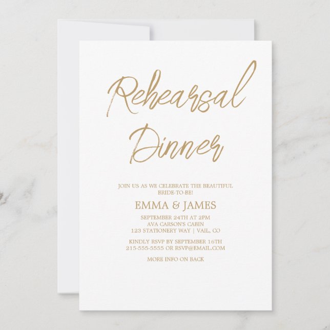 Invitation Dîner de répétition de calligraphie dorée romantiq (Devant)