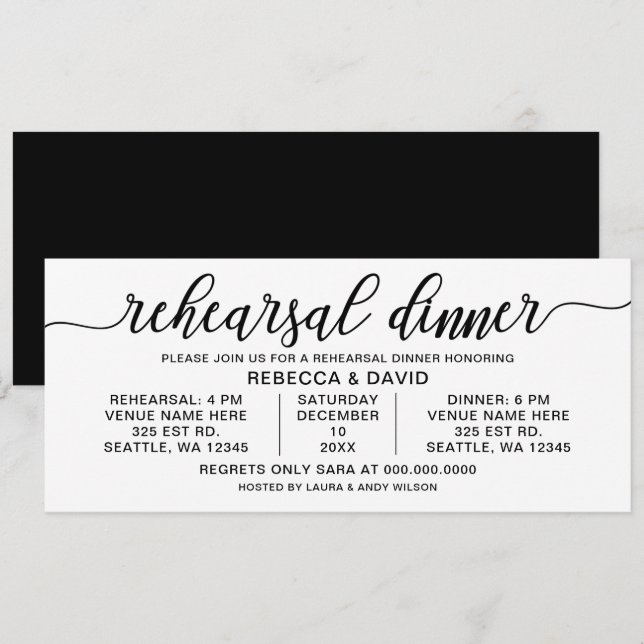 Invitation Dîner de répétition de calligraphie noir et blanc (Devant / Derrière)