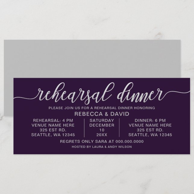 Invitation Dîner de répétition de calligraphie violet et arge (Devant / Derrière)