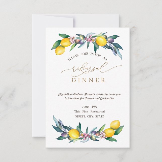 Invitation Dîner de répétition de citrons à l'aquarelle Olive (Devant)
