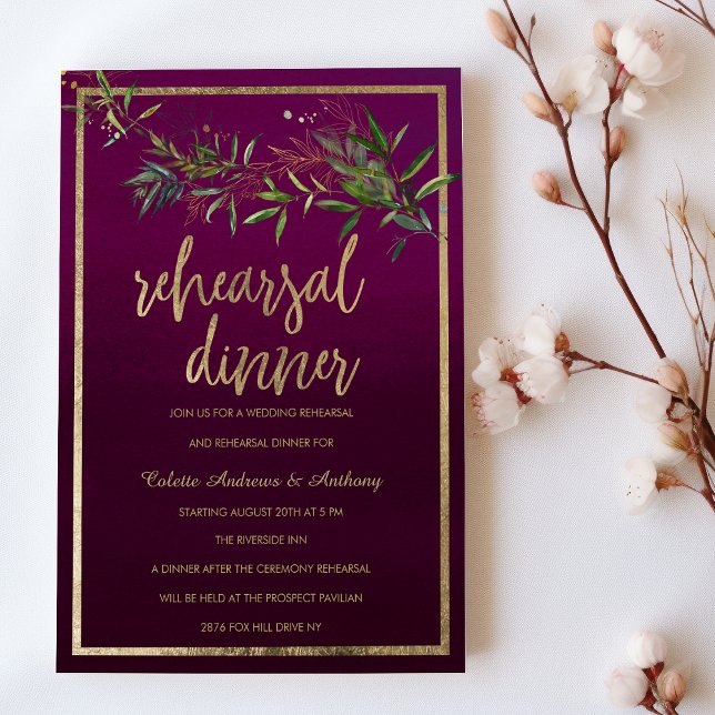 Invitation Dîner de répétition de feuillage vert or ombré de  (Burgundy ombre green gold foliage Rehearsal Dinner )