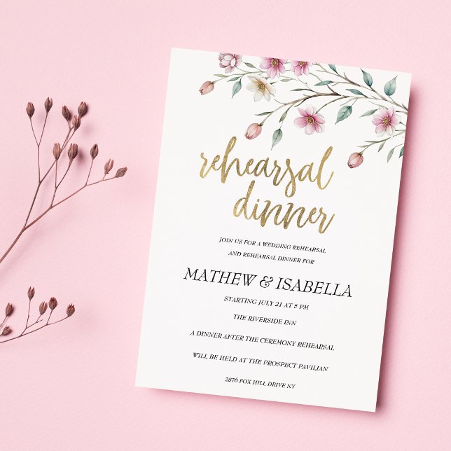 Invitation Dîner de répétition de fleurs de printemps à la me (Pink white mint spring flower Rehearsal Dinner )