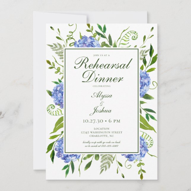 Invitation Dîner de répétition de fleurs d'hydrangea bleues a (Devant)