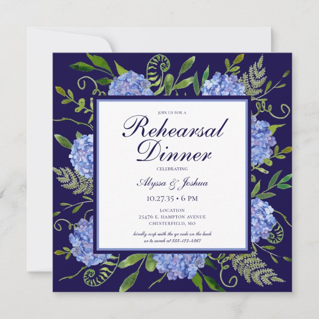 Invitation Dîner de répétition de fleurs d'hydrangea bleues a (Devant)