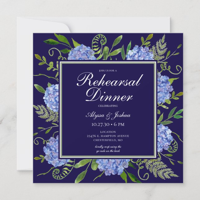 Invitation Dîner de répétition de fleurs d'hydrangea bleues a (Devant)