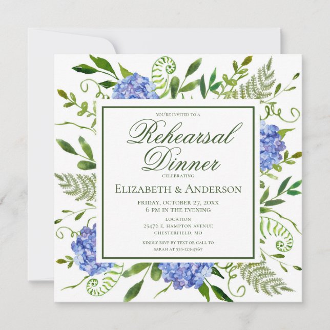Invitation Dîner de répétition de fleurs d'hydrangea bleues a (Devant)