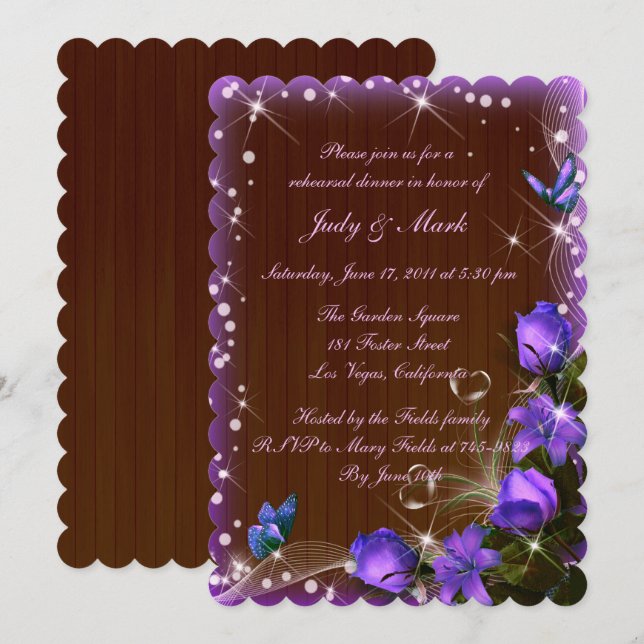 Invitation Dîner de répétition de fleurs violettes en bois fo (Devant / Derrière)