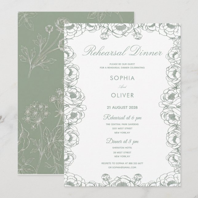 Invitation dîner de répétition de jardin floral vert sauge fr (Devant / Derrière)