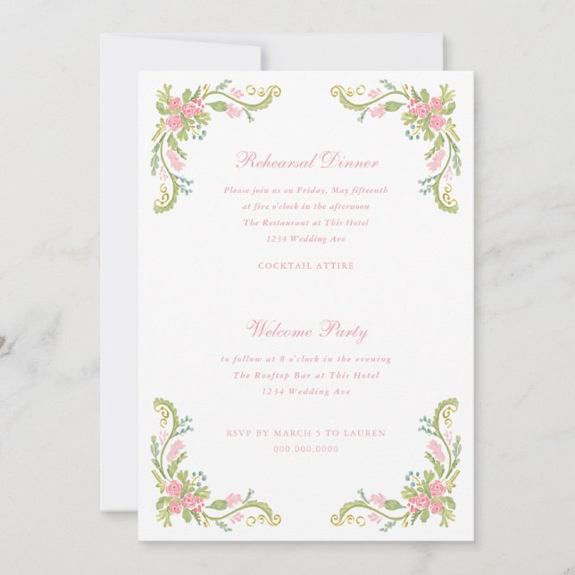 Invitation Dîner de répétition de la bordure florale rococo o (Devant)