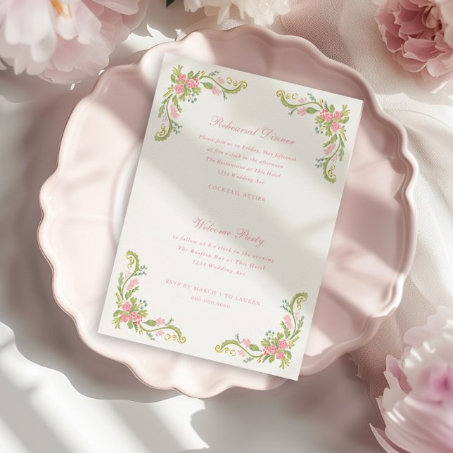 Invitation Dîner de répétition de la bordure florale rococo o (Créateur téléchargé)