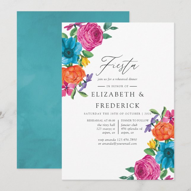 Invitation Dîner de répétition de la Fiesta Florale Aquarelle (Devant / Derrière)