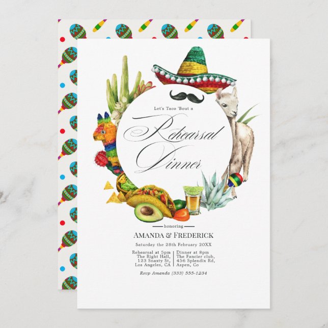 Invitation Dîner de répétition de la Fiesta mexicaine Aquarel (Devant / Derrière)