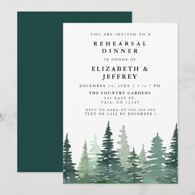 Invitation Dîner de répétition de la forêt de pins d'aquarell (Devant / Derrière)