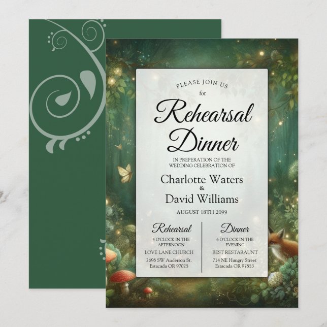 Invitation Dîner de répétition de la forêt enchantée vert éme (Devant / Derrière)