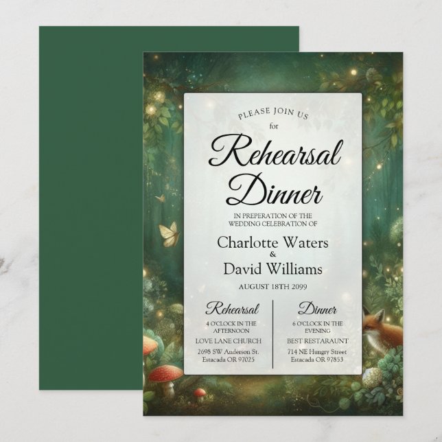 Invitation Dîner de répétition de la Forêt Enchantée Vert Éme (Devant / Derrière)