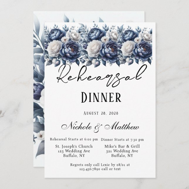 Invitation Dîner de répétition de la Marine Blue Peonies et R (Devant / Derrière)