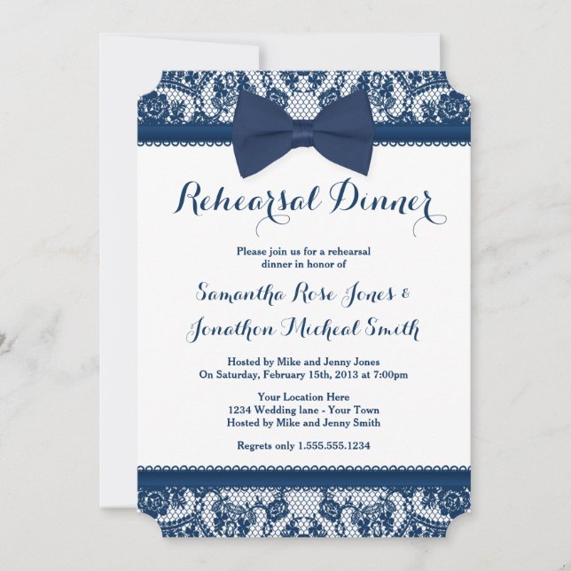 Invitation Dîner de répétition de la Marine Blue & White Lace (Devant)