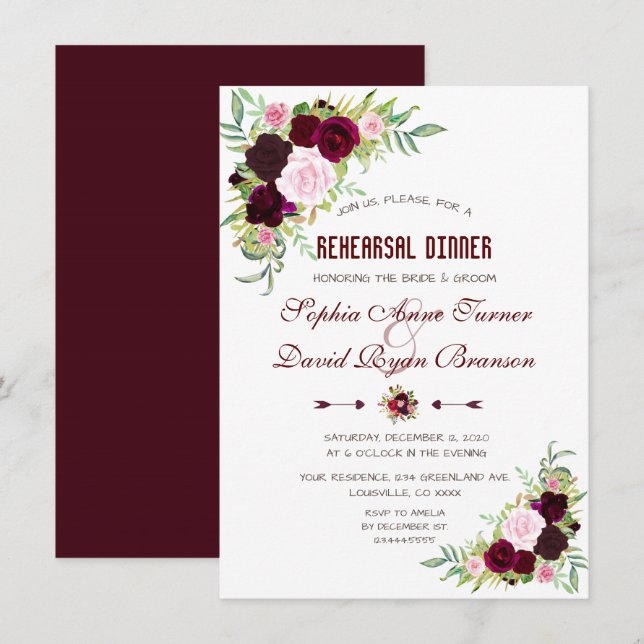 Invitation Dîner de répétition de la Royal Burgundy Marsala F (Devant / Derrière)