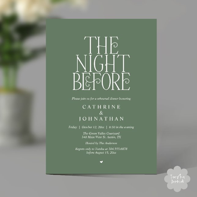 Invitation "Dîner de répétition de "La veille" Vert sauge (Minimalist "The Night Before" Rehearsal Dinner Invitation Card in Sage Green)