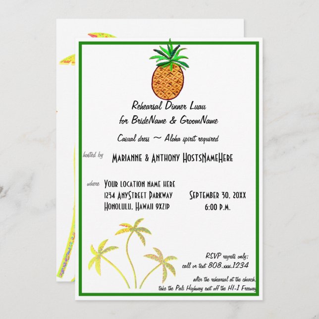 Invitation Dîner de répétition de l'ananas Luau (Devant / Derrière)