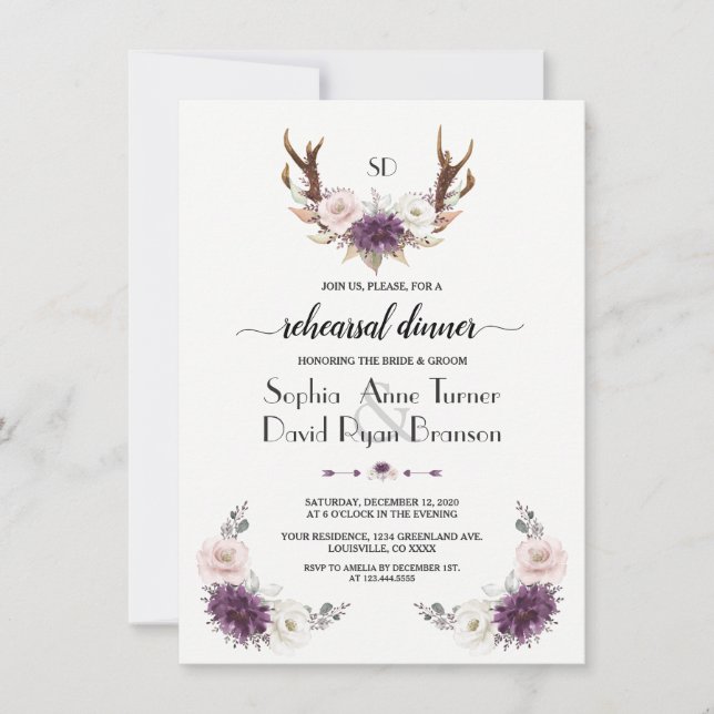 Invitation Dîner de répétition de Lavender Blush Floral Antle (Devant)
