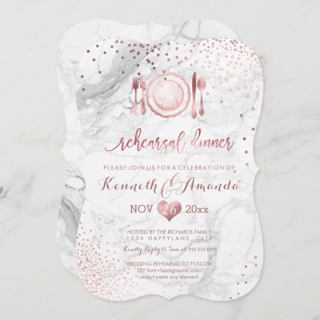 Invitation Dîner de répétition de marbre / Marble+Faux Rose G (Devant / Derrière)