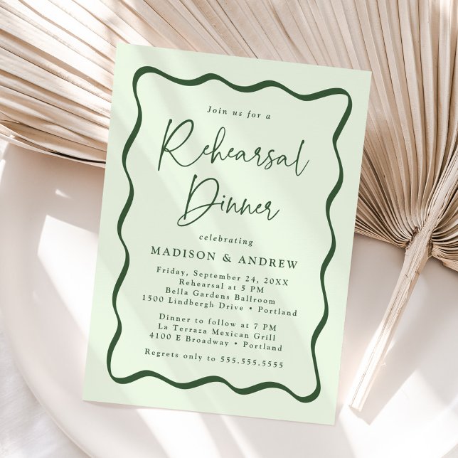 Invitation Dîner de répétition de mariage à cadre ondulé vert (Créateur téléchargé)