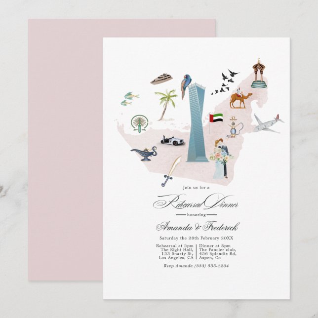 Invitation Dîner de répétition de mariage à Dubaï aux Émirats (Devant / Derrière)