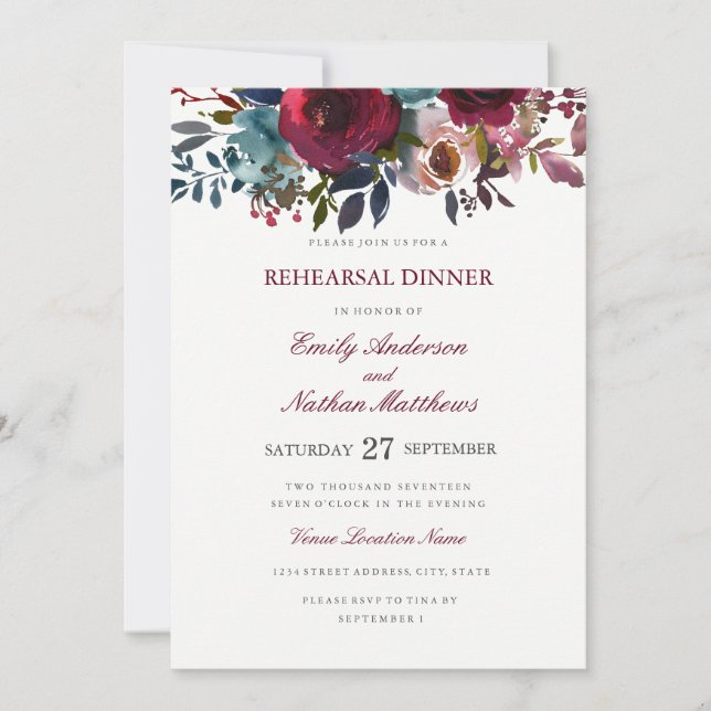 Invitation Dîner de répétition de mariage à l'aquarelle de Bo (Devant)