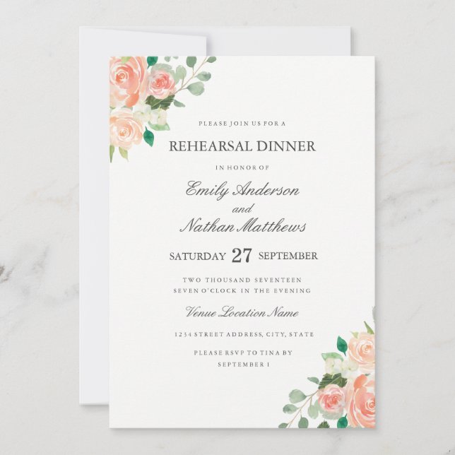 Invitation Dîner de répétition de mariage à l'aquarelle flora (Devant)