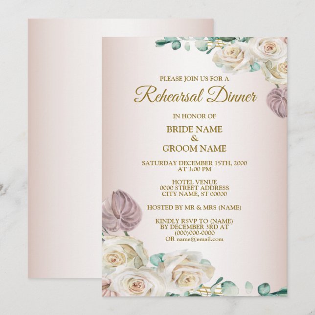 Invitation Dîner de répétition de mariage à l'aquarelle rose  (Devant / Derrière)